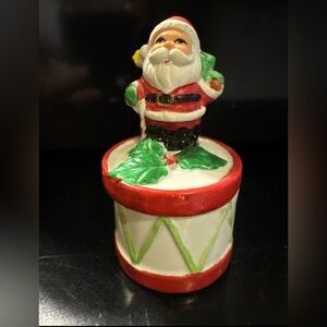Vintage Woolworth Santa Claus Drum Candle Holder w Lid Ceramic Christmas Decor